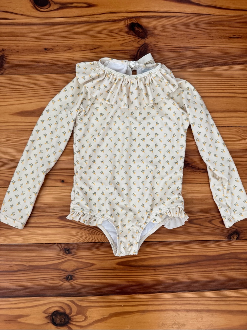 Edgehill Collection Cream Floral Ruffle Long Sleeve One-Piece bathing suit